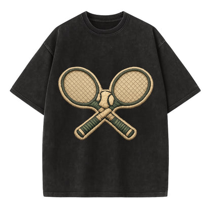 Embroidered patch design - TENNIS RACKET CROSSED - tennis rackets with ball in - Vintage T-shirt - Black