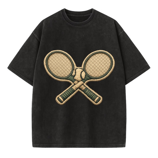 Embroidered patch design - TENNIS RACKET CROSSED - tennis rackets with ball in - Vintage T-shirt - Black