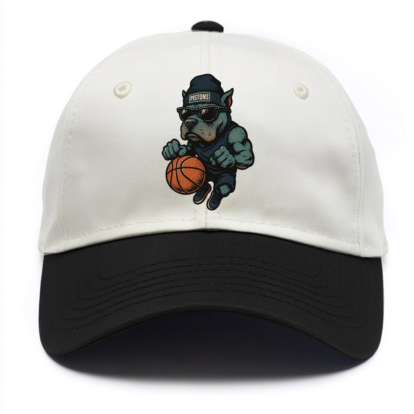 Detroit Pitbull wearing Pistons beanie with chrome patch and wayfarer sunglasses - Two Tone Cap - Black