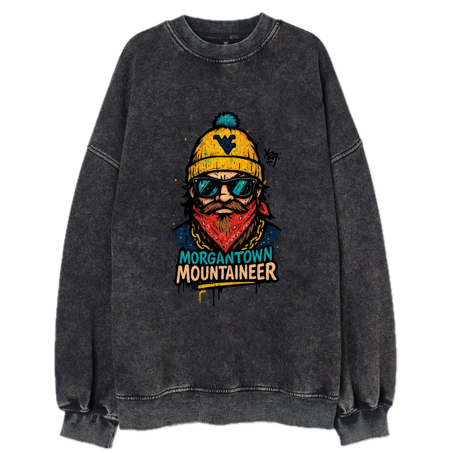 Morgantown Mountaineer wearing West Virginia beanie with WV patch - Vintage Sweatshirt - Black