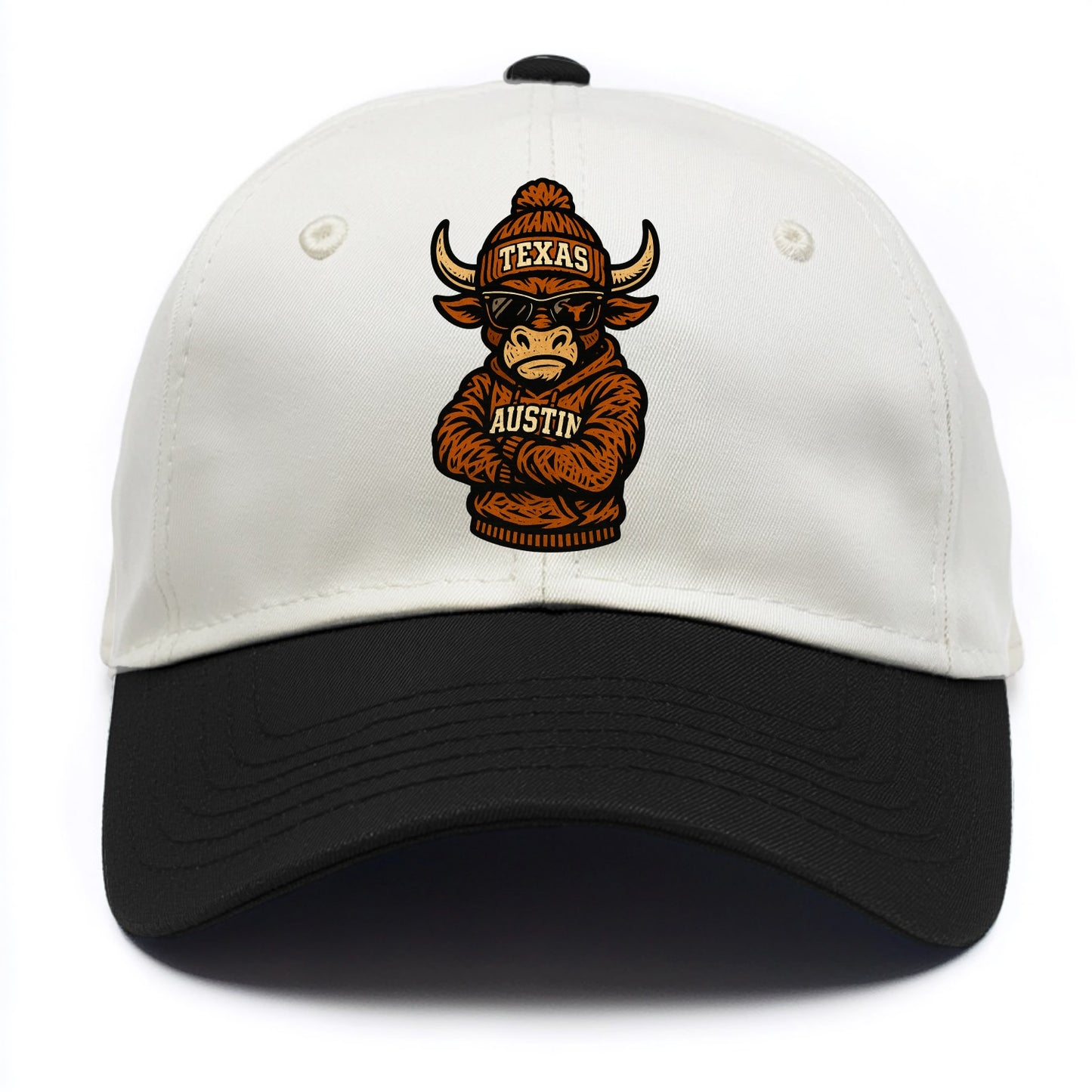 Austin Bevo wearing Texas beanie with longhorn patch - Two Tone Cap - Black