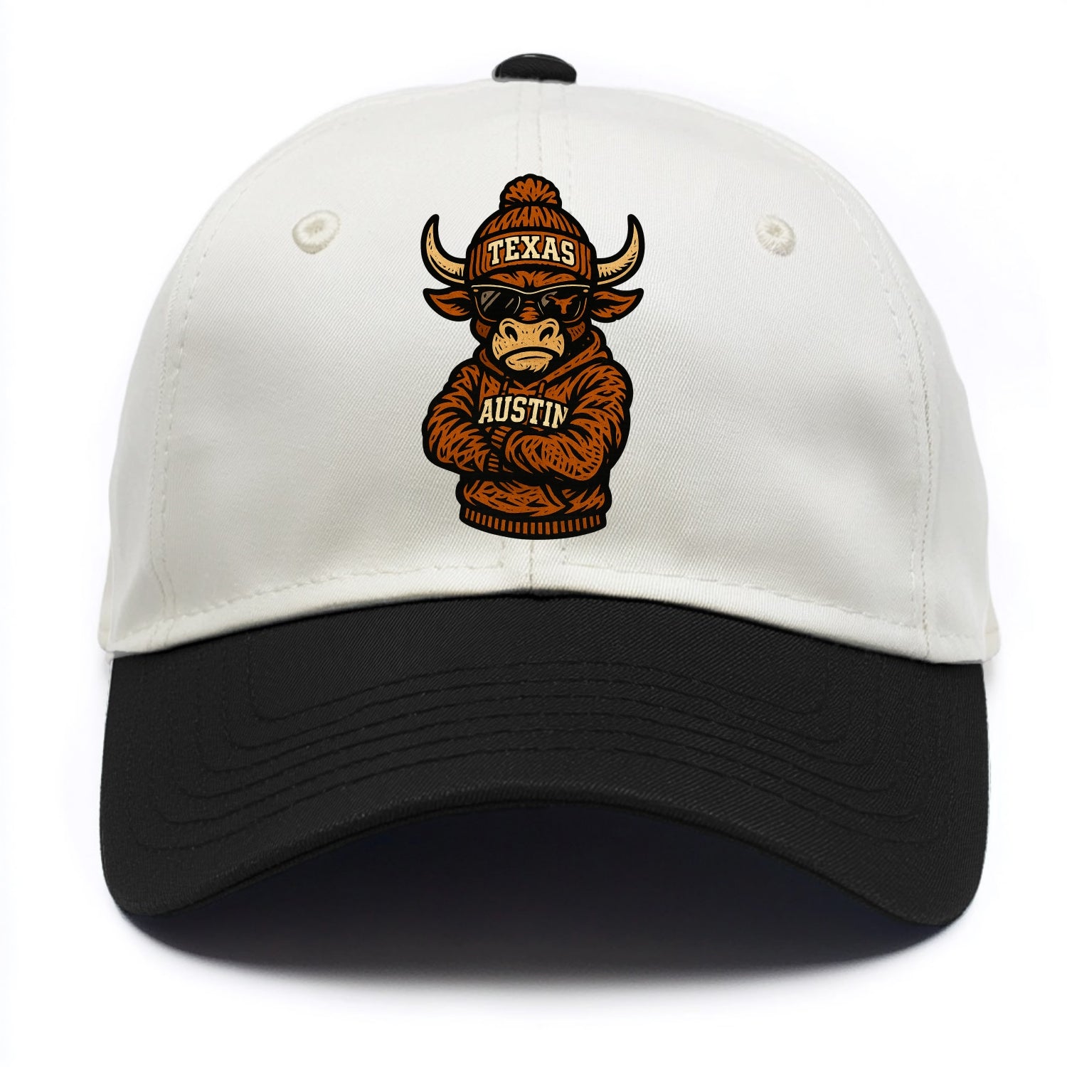 Austin Bevo wearing Texas beanie with longhorn patch - Two Tone Cap - Black