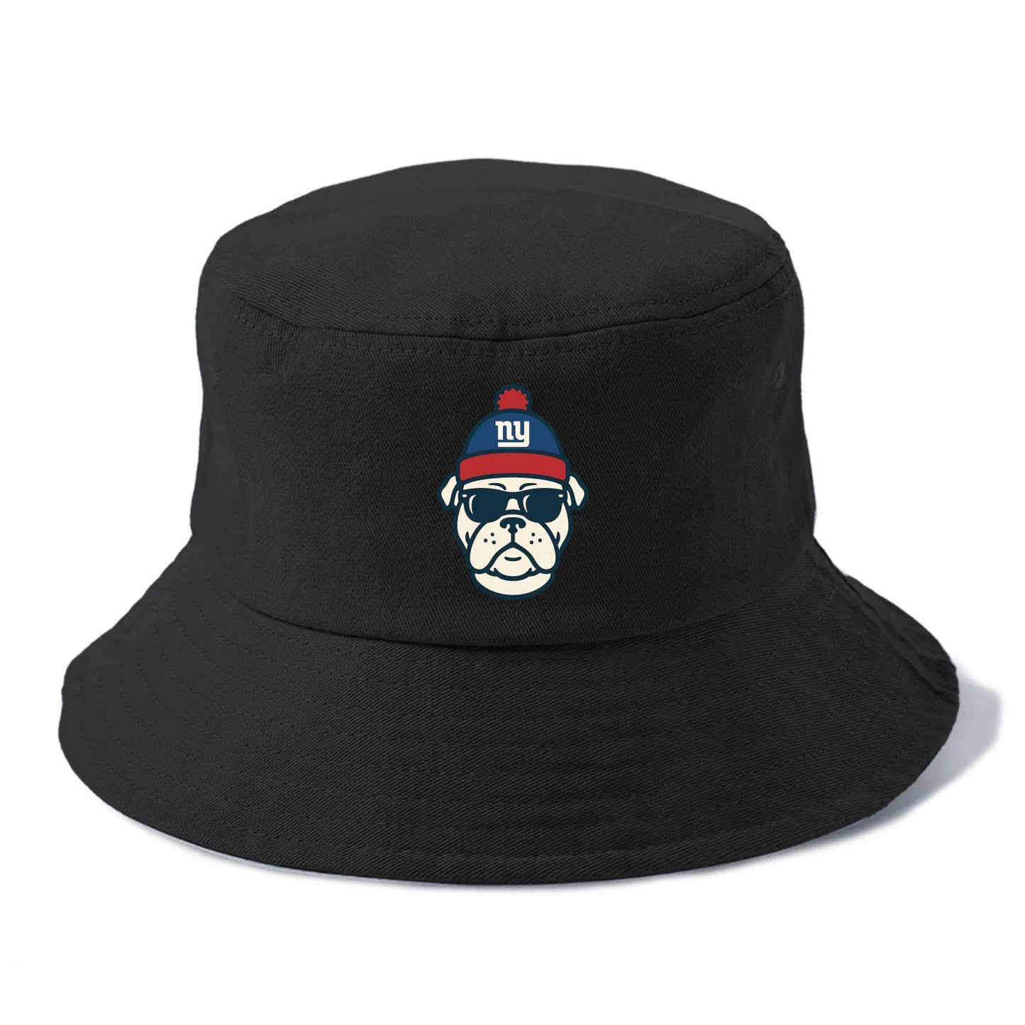New York Bulldog wearing Giants blue and red beanie with pom pom and wayfarer - Bucket Hat - Black