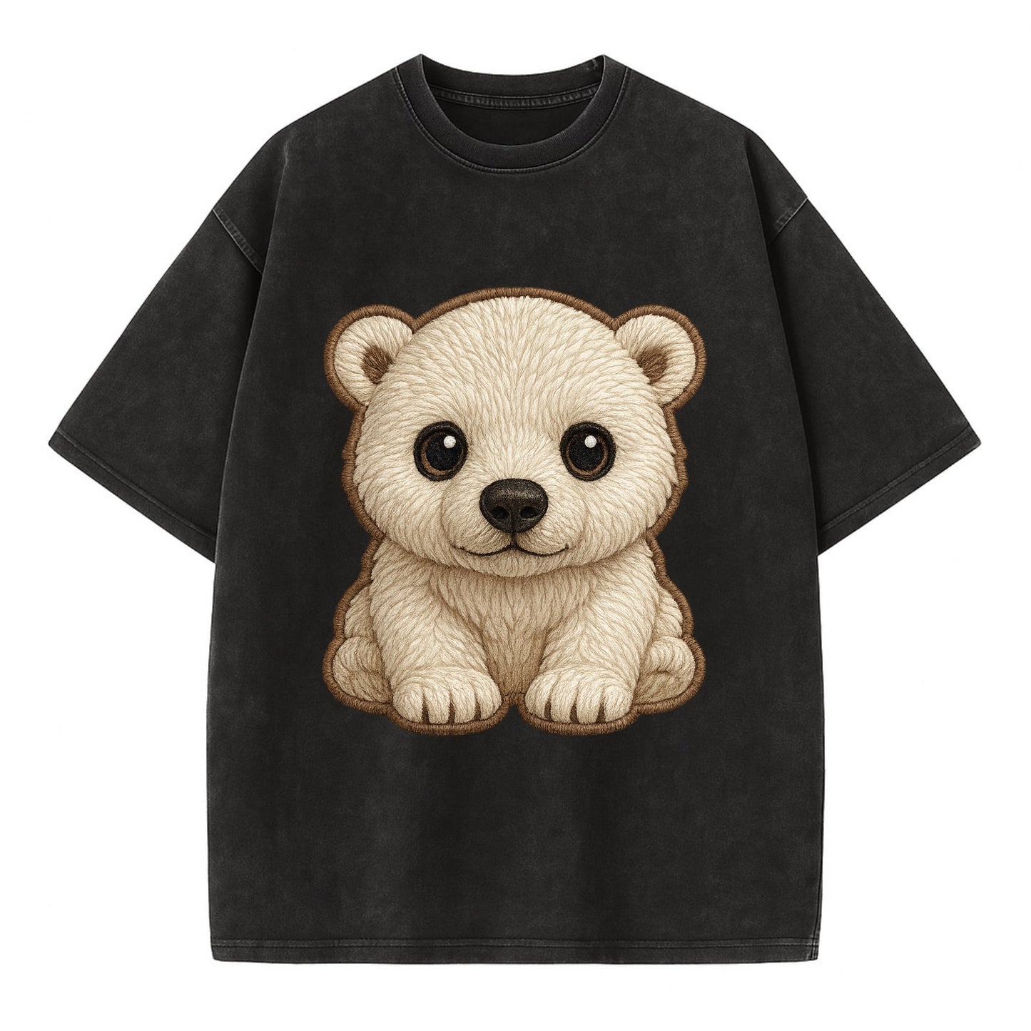 Baby Polar Bear Cub - white fluffy, black nose, dark curious eyes, front-facing, - Vintage T-shirt - Black