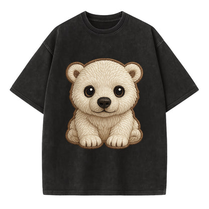 Baby Polar Bear Cub - white fluffy, black nose, dark curious eyes, front-facing, - Vintage T-shirt - Black