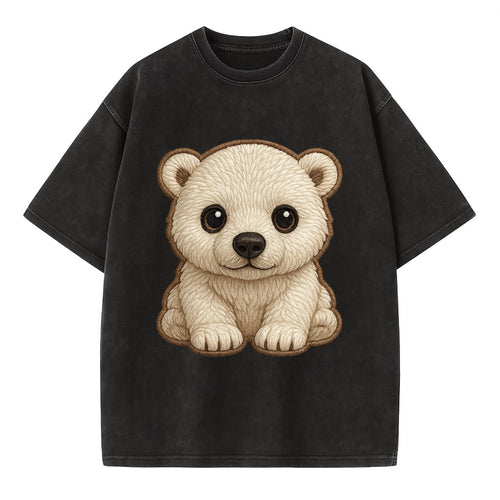 Baby Polar Bear Cub - white fluffy, black nose, dark curious eyes, front-facing, - Vintage T-shirt