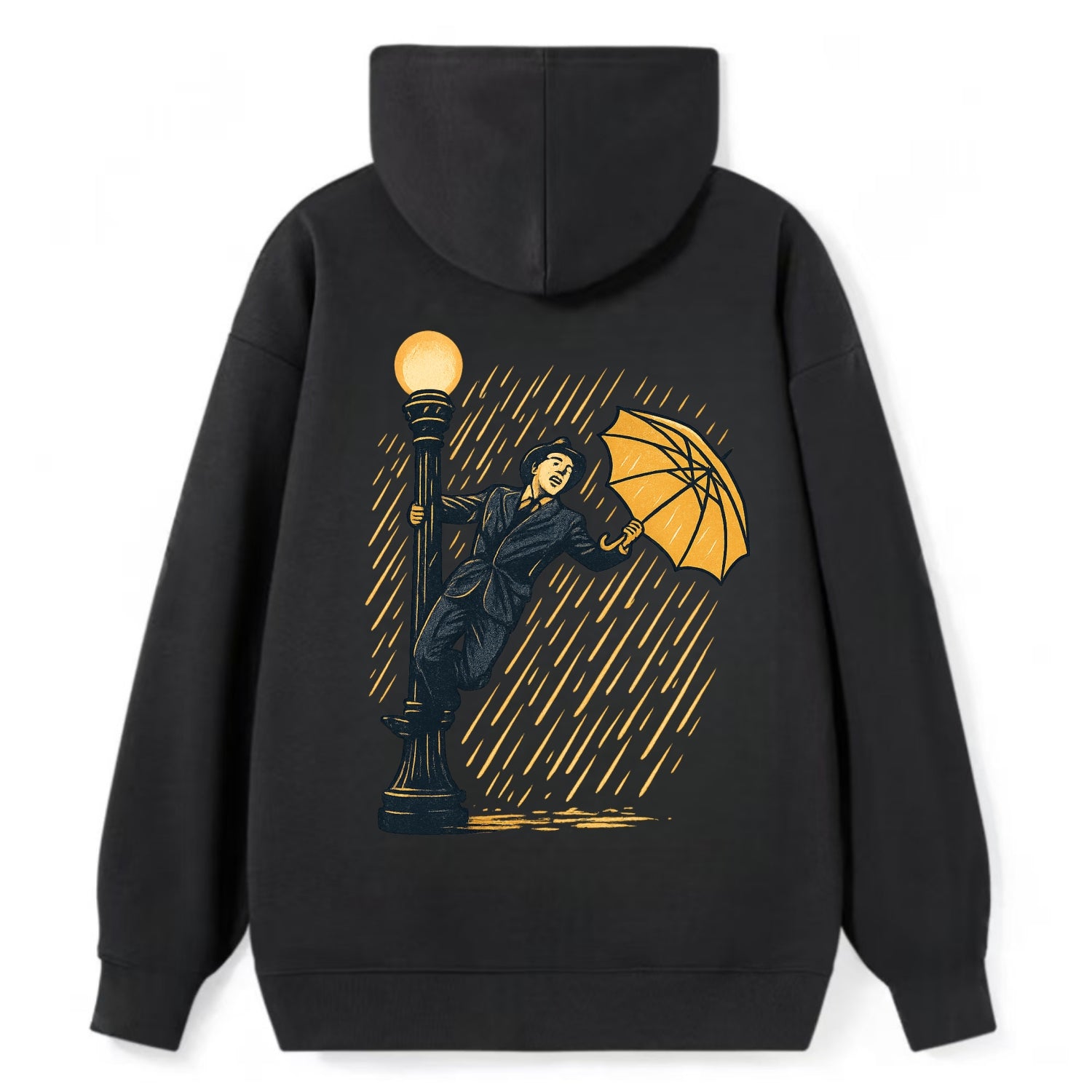 joyful dancing on lamppost in heavy rain with big smile - Classic Pullover Hoodie - Black