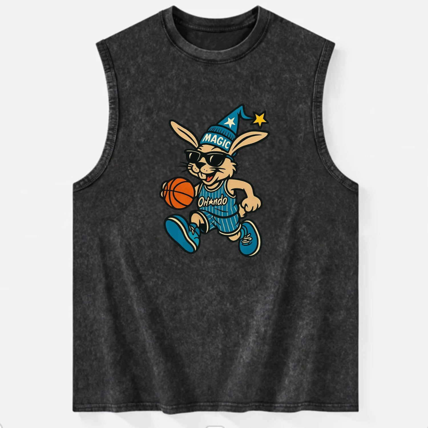 Orlando Rabbit wearing Magic blue and silver beanie with wizard hat and - Vintage Washed Tank - Black