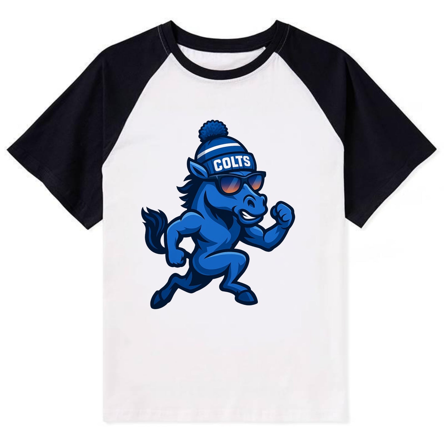 Indianapolis Colt Horse wearing Colts blue and white beanie with pom pom - Contrast Raglan T-shirt - Black