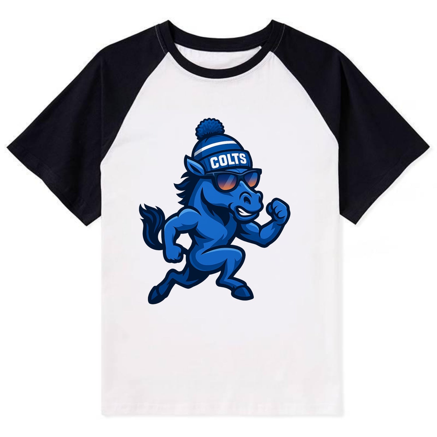 Indianapolis Colt Horse wearing Colts blue and white beanie with pom pom - Contrast Raglan T-shirt - Black
