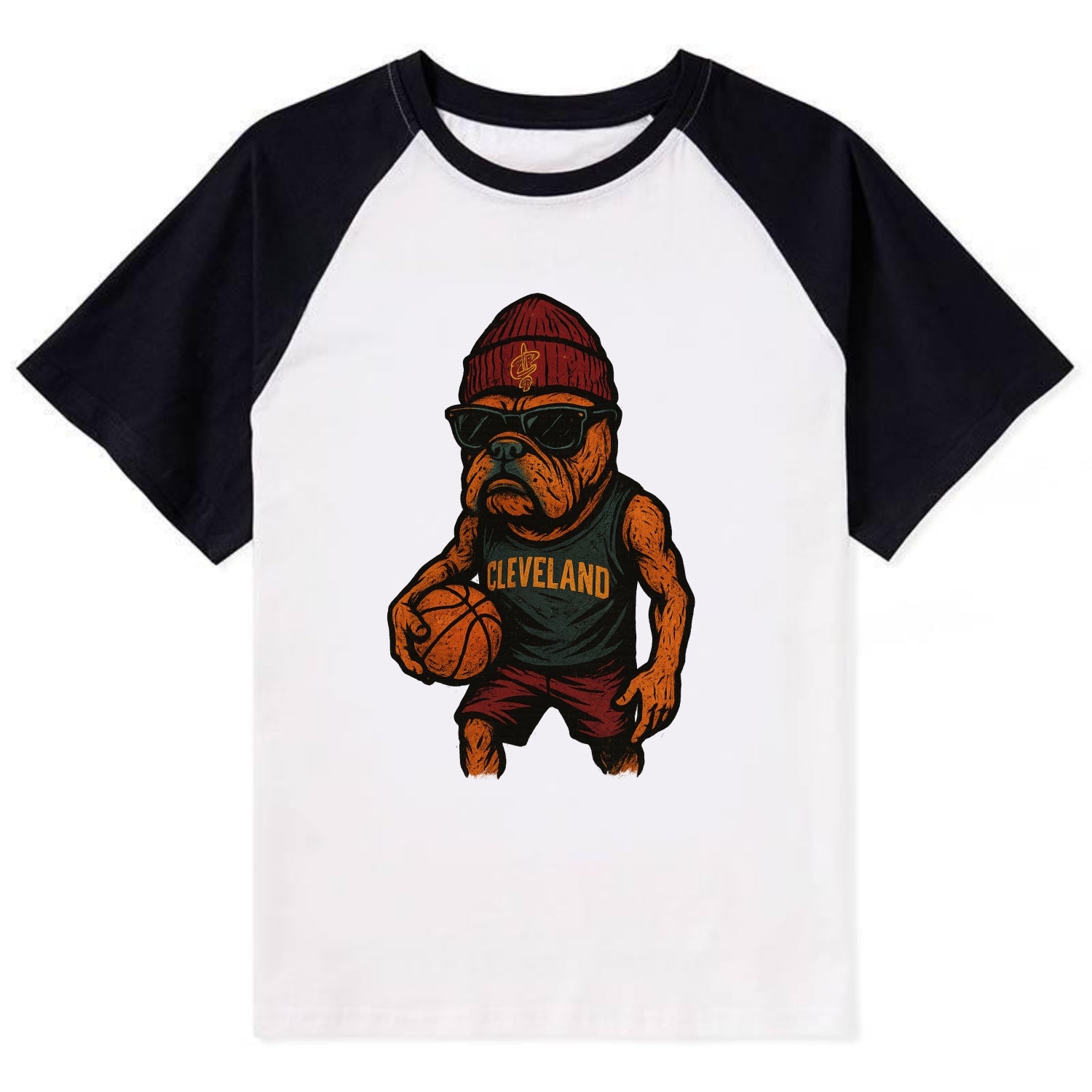 Cleveland Bulldog wearing Cavaliers wine and gold beanie with sword patch - Contrast Raglan T-shirt - Black