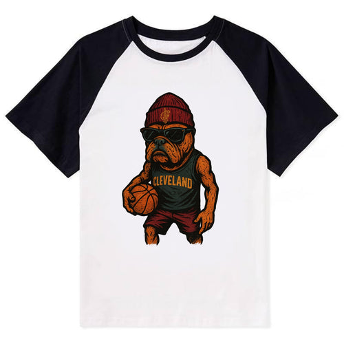 Cleveland Bulldog wearing Cavaliers wine and gold beanie with sword patch - Contrast Raglan T-shirt