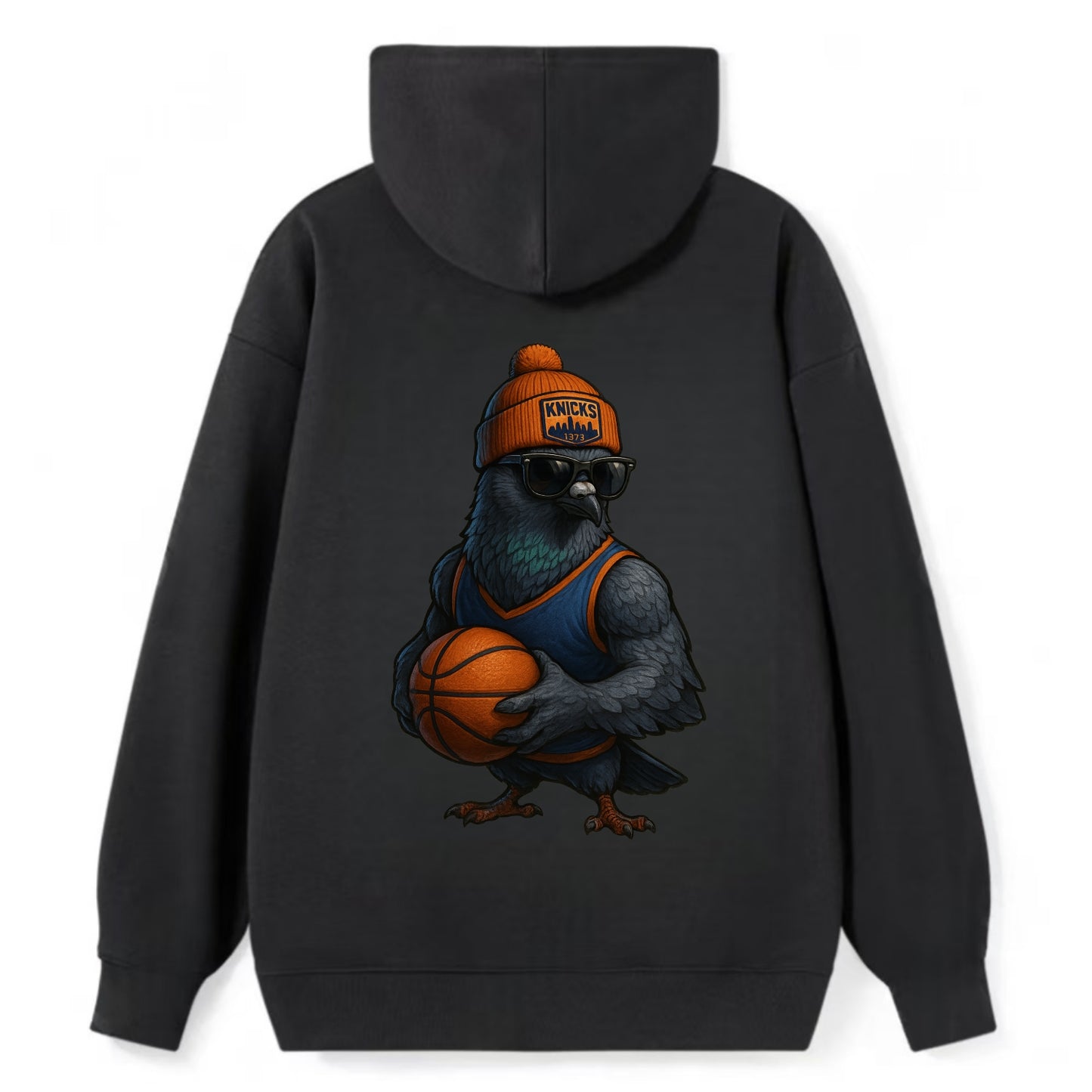 Manhattan Pigeon wearing Knicks beanie with skyline patch and wayfarer - Classic Pullover Hoodie - Black