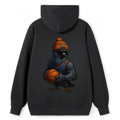 Manhattan Pigeon wearing Knicks beanie with skyline patch and wayfarer - Classic Pullover Hoodie - Black