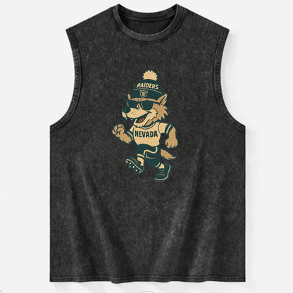 Nevada Wolf wearing Raiders beanie with outlaw patch and wayfarer sunglasses - Vintage Washed Tank - Black