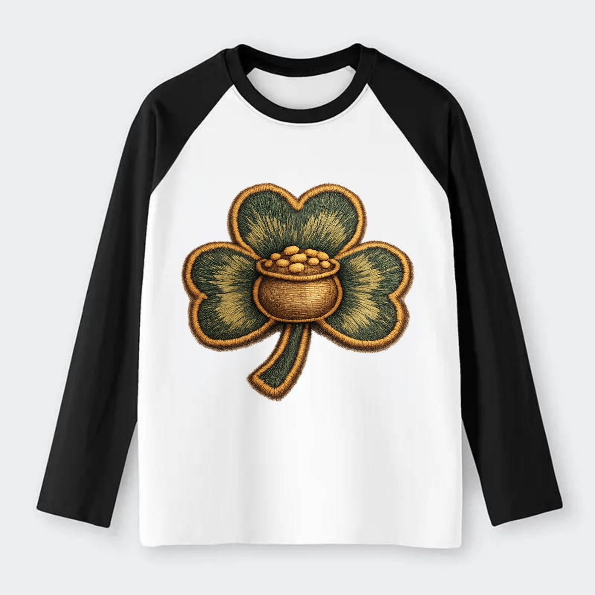 ST PATRICKS CLOVER - lucky clover with gold in green and gold , Irish - Raglan Long Sleeve T-Shirt - Black