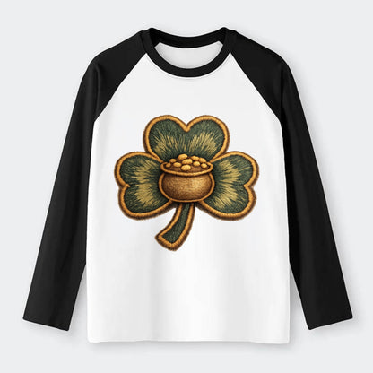 ST PATRICKS CLOVER - lucky clover with gold in green and gold , Irish - Raglan Long Sleeve T-Shirt - Black