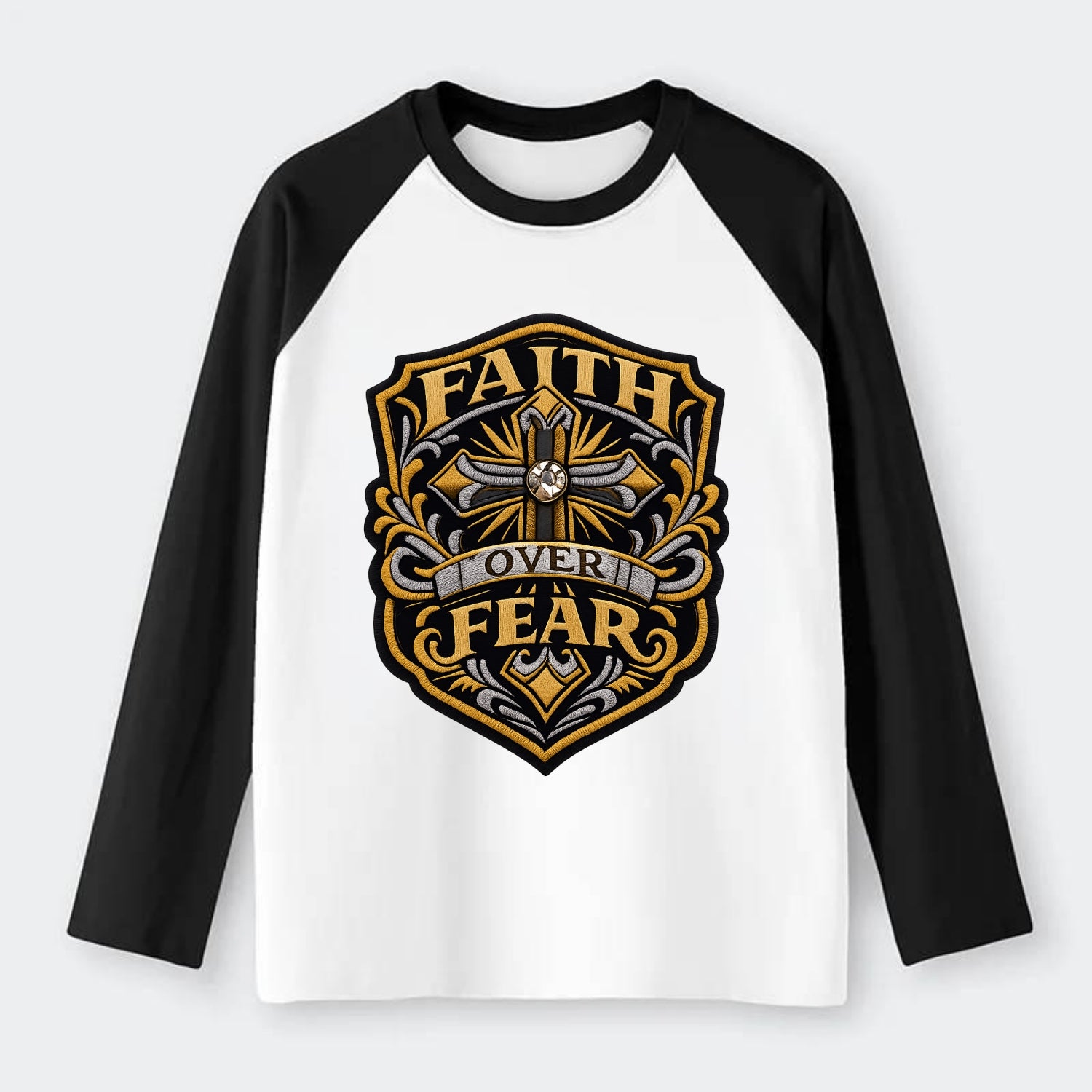 FAITH OVER FEAR - cross with text in gold , spiritual strength - Raglan Long Sleeve T-Shirt - Black