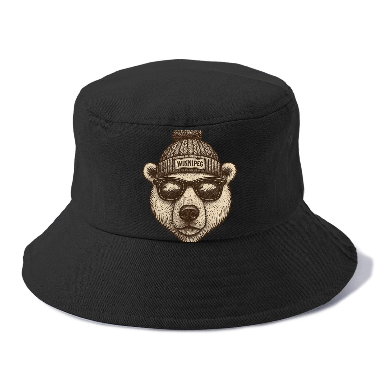 Winnipeg Polar Bear wearing Winnipeg beanie with pom pom and wayfarer sunglasses - Bucket Hat - Black