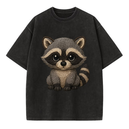 Baby Raccoon - gray fur, black mask, ringed tail, bright curious eyes, - Vintage T-shirt - Black