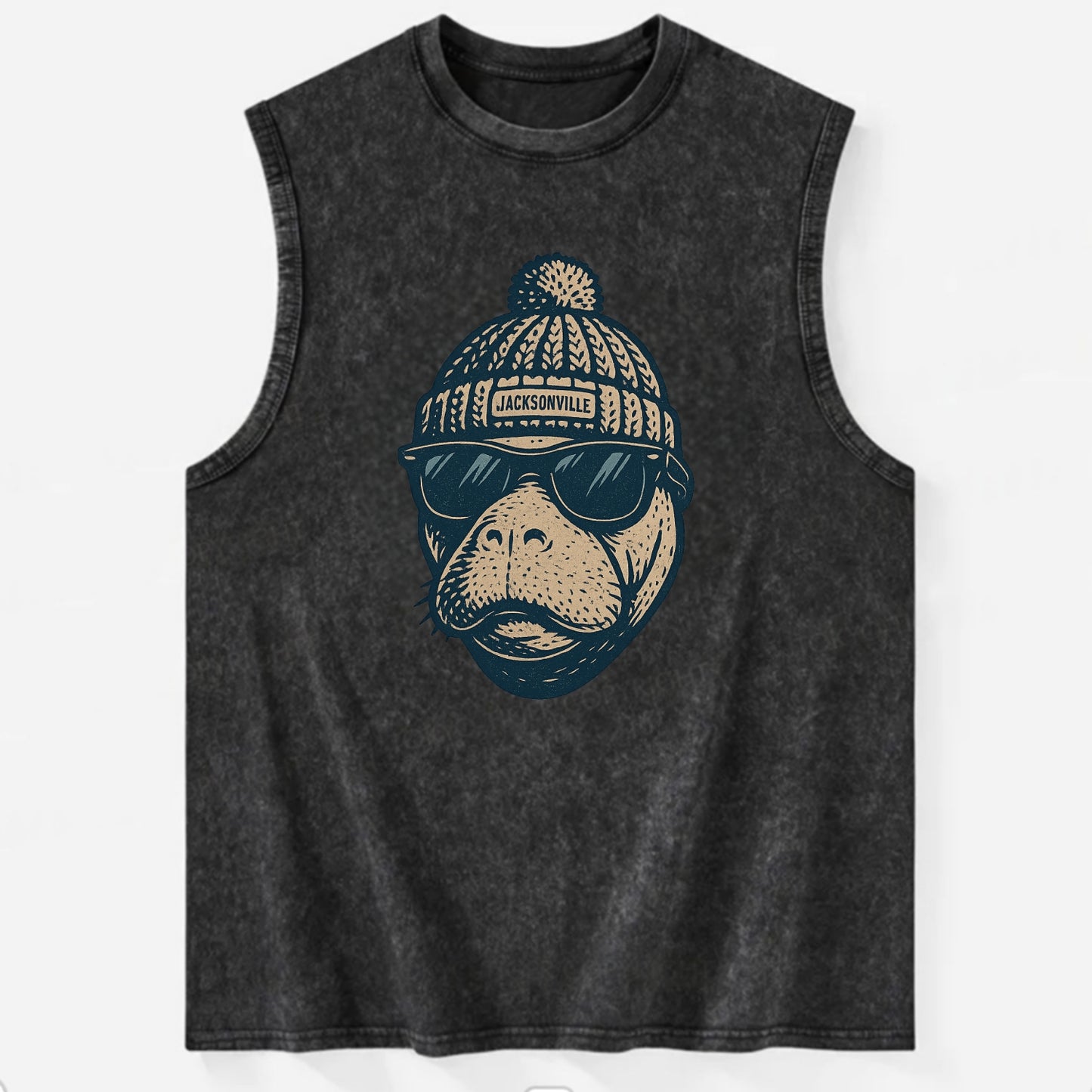 Jacksonville Manatee wearing Jacksonville beanie with pom pom and wayfarer - Vintage Washed Tank - Black