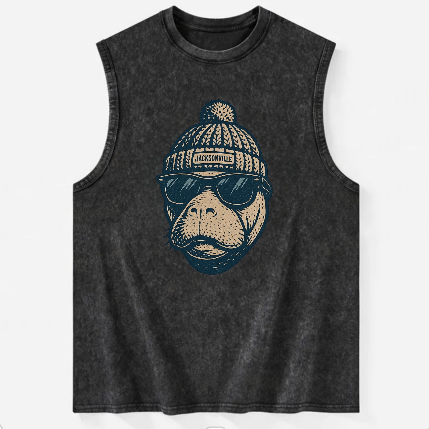 Jacksonville Manatee wearing Jacksonville beanie with pom pom and wayfarer - Vintage Washed Tank - Black