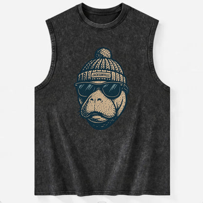 Jacksonville Manatee wearing Jacksonville beanie with pom pom and wayfarer - Vintage Washed Tank - Black