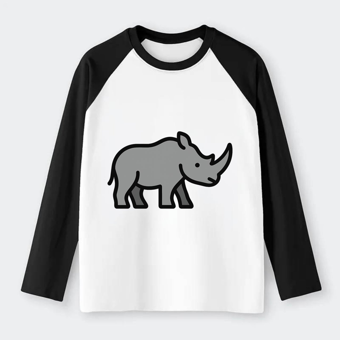Rhinoceros - Gray with horn flat side profile - Raglan Long Sleeve T-Shirt - Black