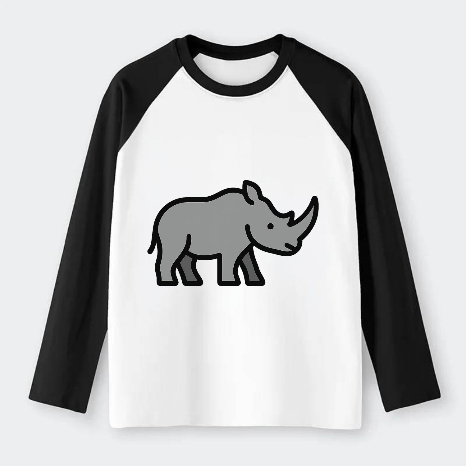 Rhinoceros - Gray with horn flat side profile - Raglan Long Sleeve T-Shirt - Black