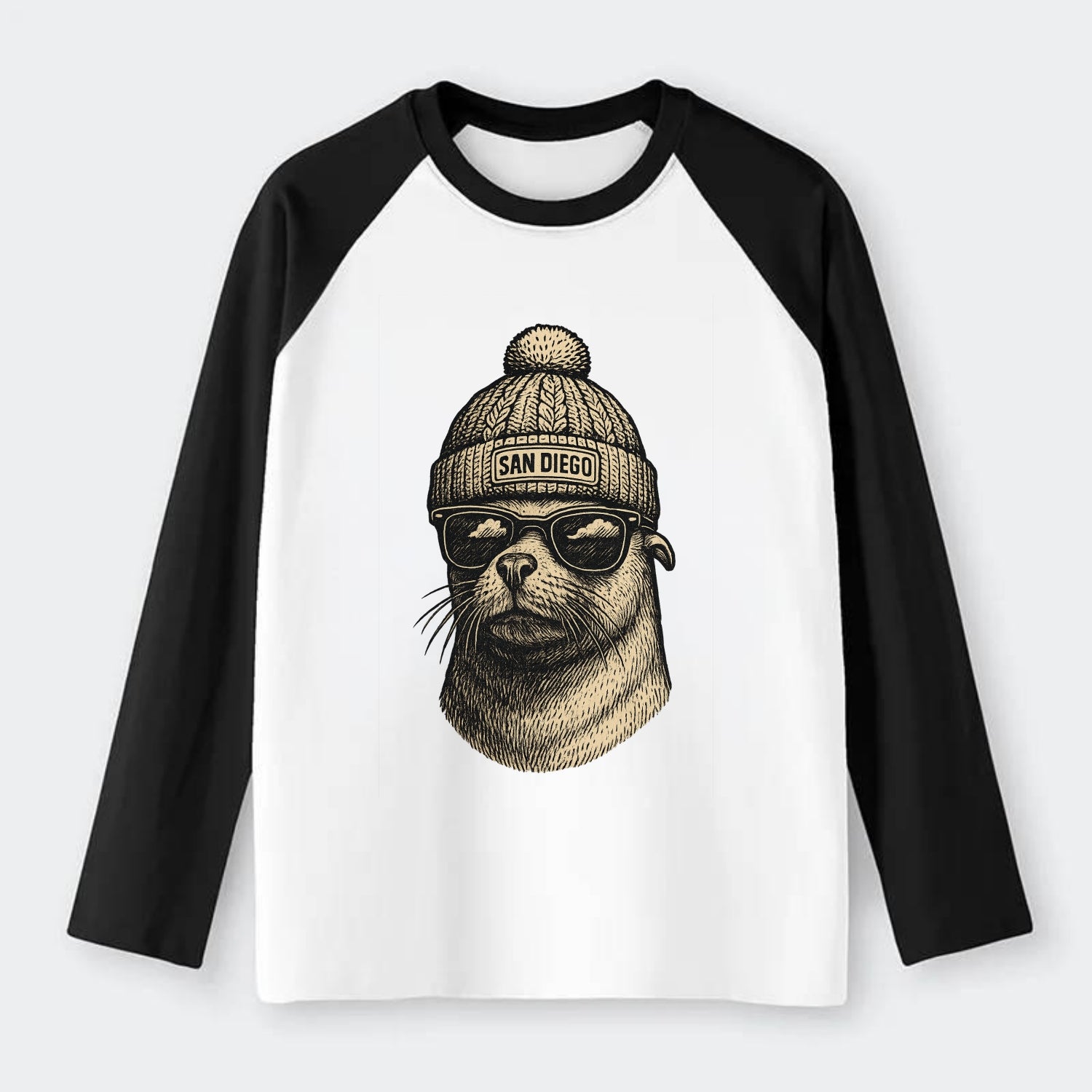 San Diego Sea Lion wearing San Diego beanie with pom pom and wayfarer - Raglan Long Sleeve T-Shirt - Black