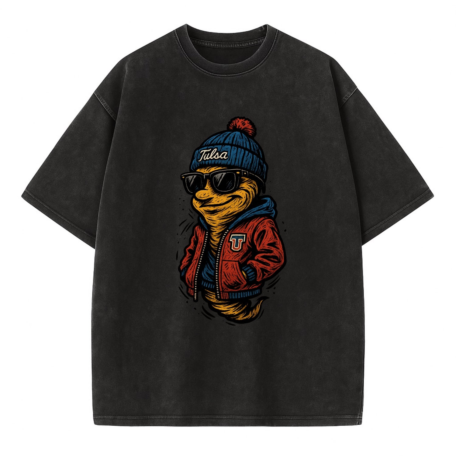 Tulsa Hurricane wearing Tulsa beanie with TU patch - Vintage T-shirt - Black