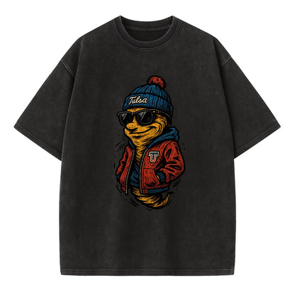 Tulsa Hurricane wearing Tulsa beanie with TU patch - Vintage T-shirt - Black