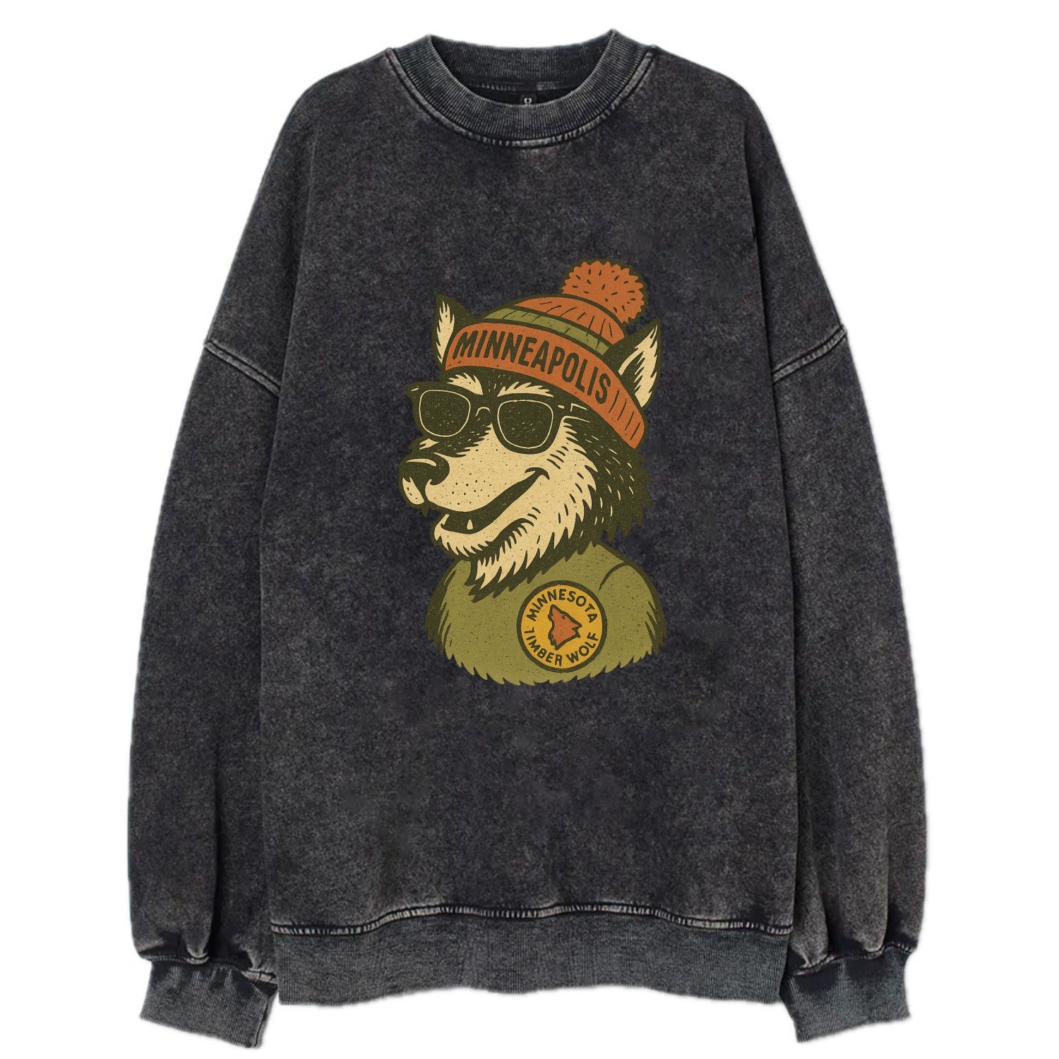 Minnesota Timber Wolf wearing Minneapolis beanie with pom pom and wayfarer - Vintage Sweatshirt - Black