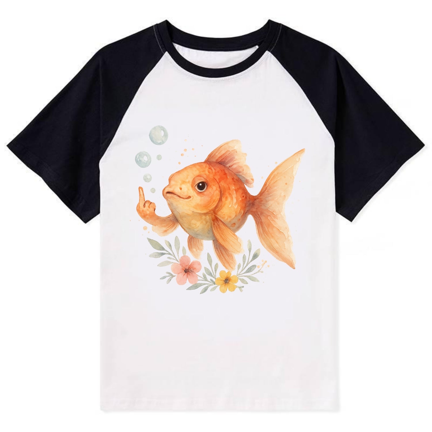 chubby goldfish blowing bubbles, one fin extended like middle finger - Contrast Raglan T-shirt - Black