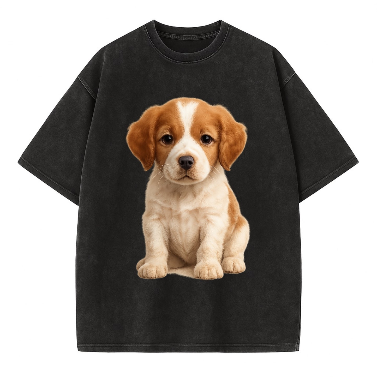 Baby Brittany Puppy - orange and white, compact, bright eyes, feathered, - Vintage T-shirt - Black