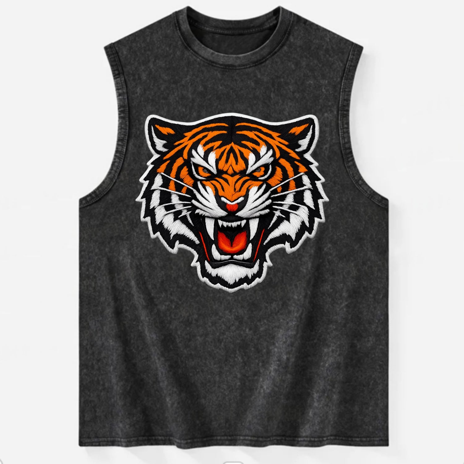 TIGER STRIPES FACE - fierce tiger face in orange, black and white , predator - Vintage Washed Tank - Black