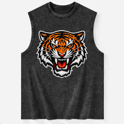 TIGER STRIPES FACE - fierce tiger face in orange, black and white , predator - Vintage Washed Tank - Black