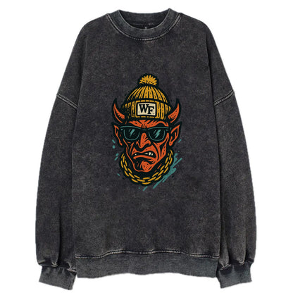 Winston-Salem Demon wearing Wake Forest beanie with WF patch - Vintage Sweatshirt - Black