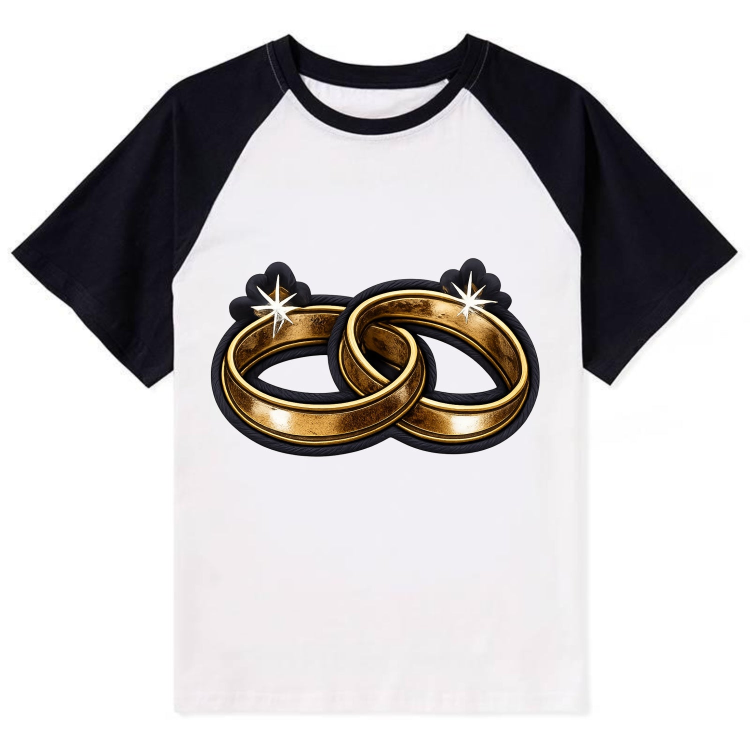 WEDDING RINGS - interlocked bands in gold , marriage - Contrast Raglan T-shirt - Black