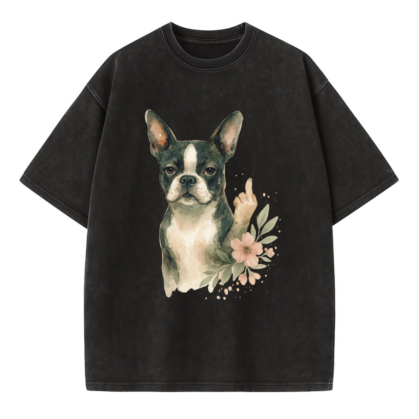Boston Terrier with tuxedo markings, perky ears, paw up giving sass - Vintage T-shirt - Black