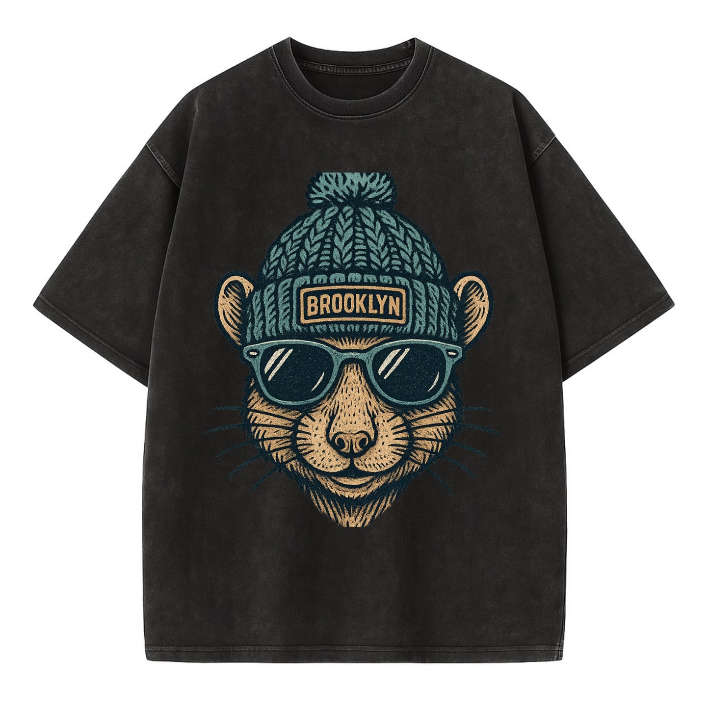 NYC Rat wearing Brooklyn beanie with pom pom and wayfarer sunglasses - Vintage T-shirt - Black