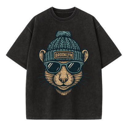 NYC Rat wearing Brooklyn beanie with pom pom and wayfarer sunglasses - Vintage T-shirt - Black