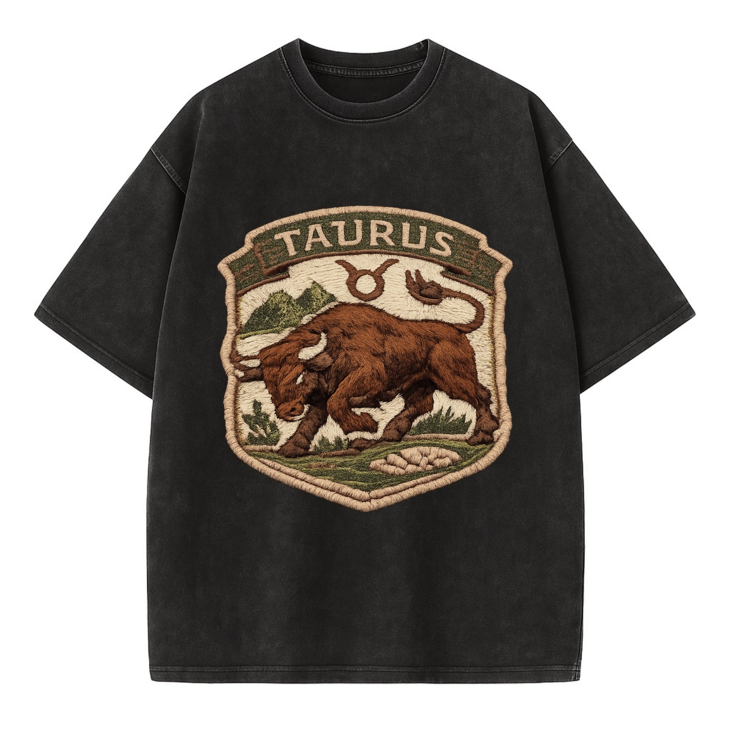 TAURUS BULL - strong bull in brown and green , earth sign - Vintage T-shirt - Black