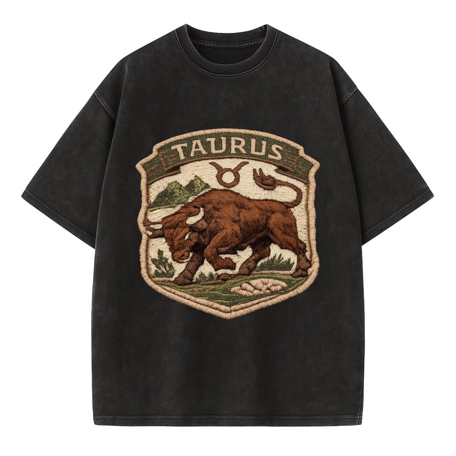TAURUS BULL - strong bull in brown and green , earth sign - Vintage T-shirt - Black