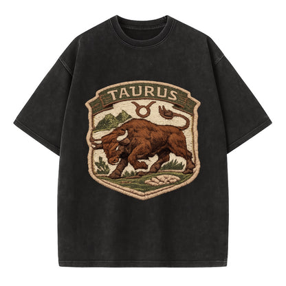 TAURUS BULL - strong bull in brown and green , earth sign - Vintage T-shirt - Black