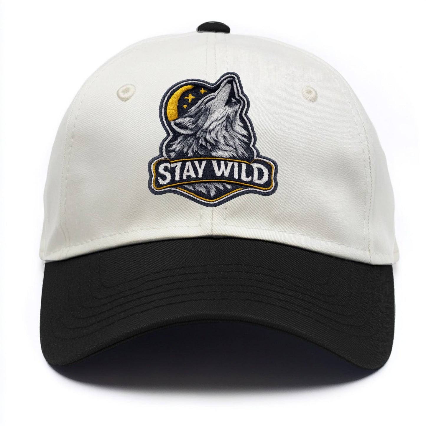 STAY WILD - wolf with text in gray , free spirit - Two Tone Cap - Black