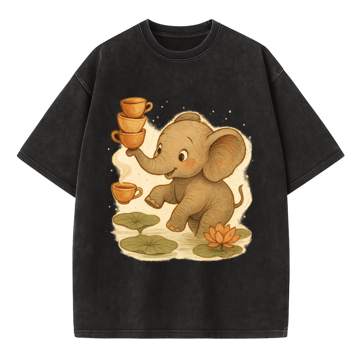 Elephant balancing teacups during a floating tea ceremony beside lotus ponds - Vintage T-shirt - Black