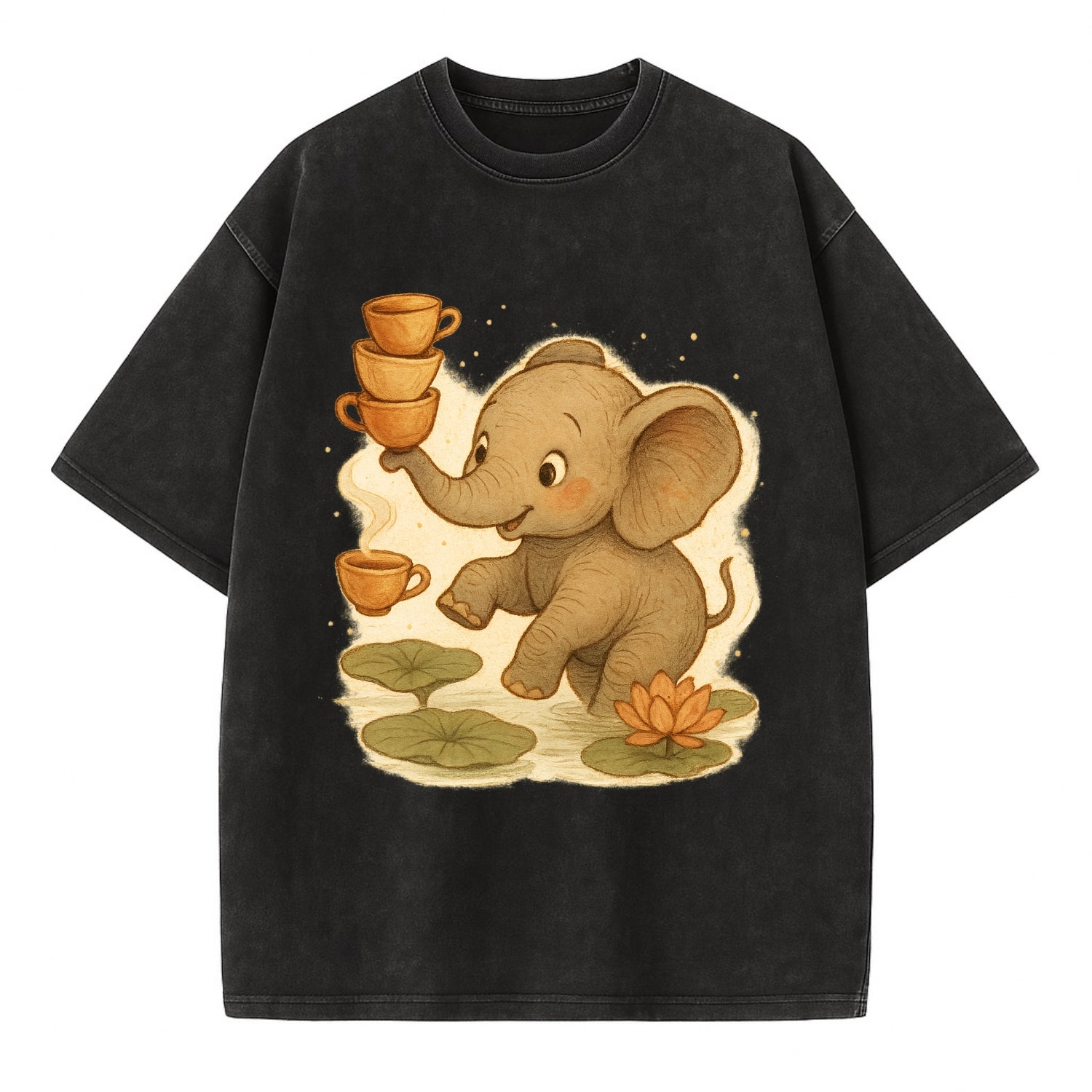 Elephant balancing teacups during a floating tea ceremony beside lotus ponds - Vintage T-shirt - Black
