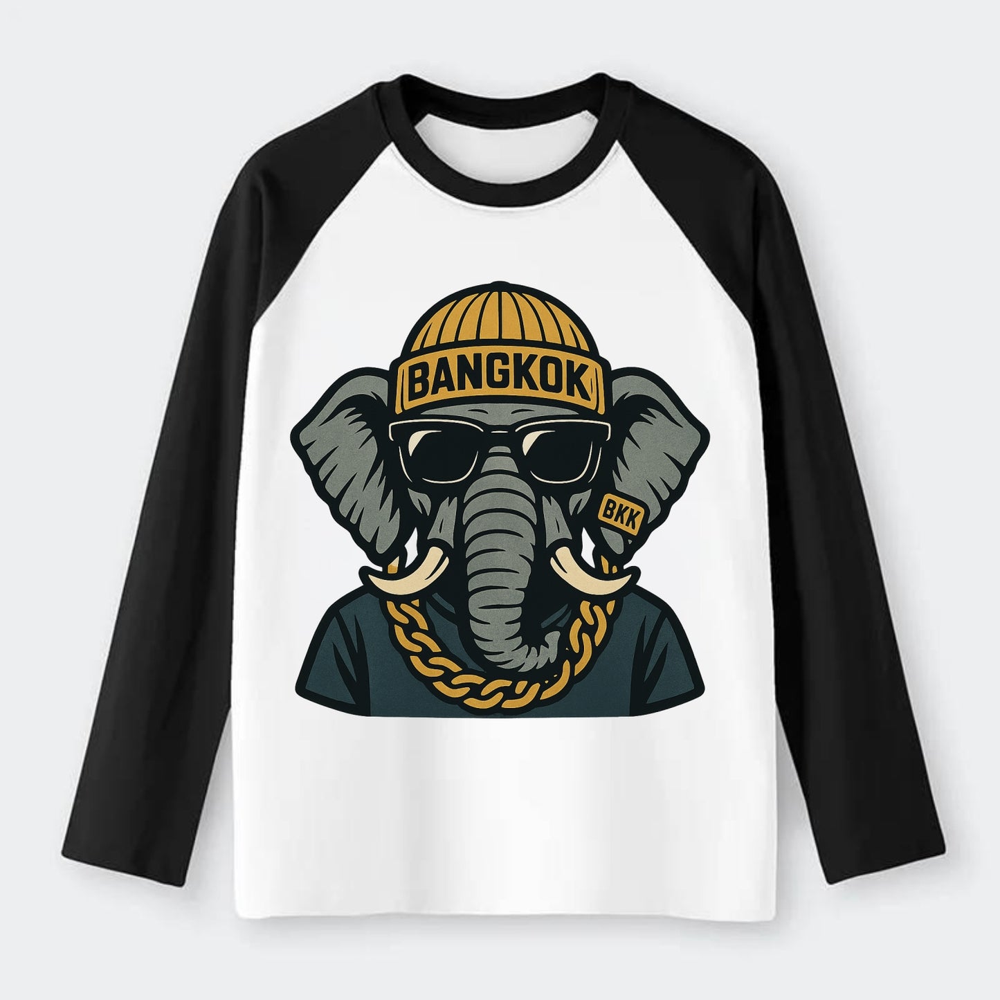 Bangkok Elephant - Raglan Long Sleeve T-Shirt - Black