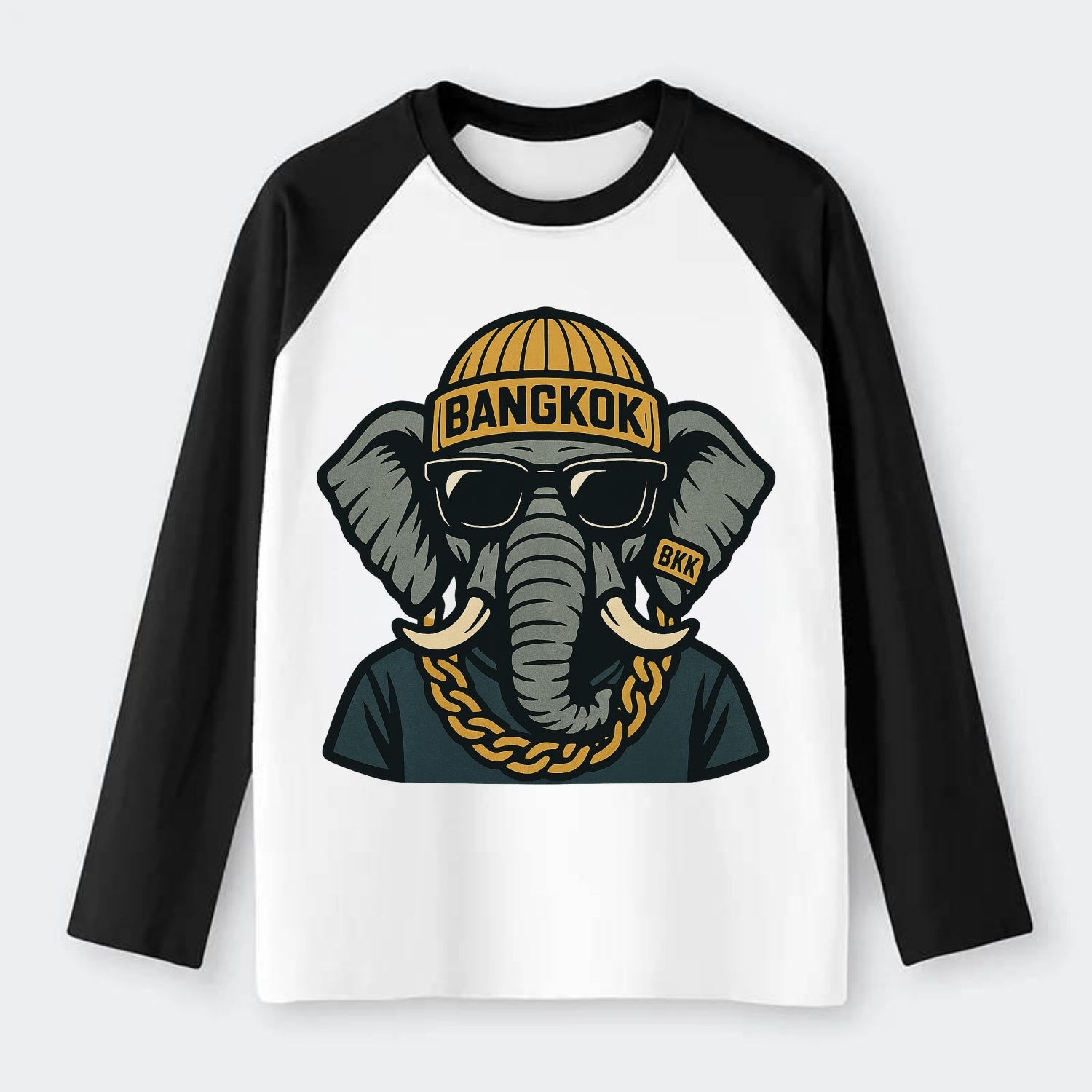 Bangkok Elephant - Raglan Long Sleeve T-Shirt - Black